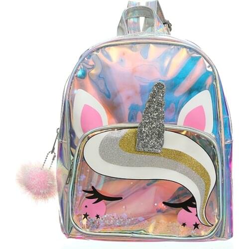 Women Laser Cartoon Unicorn Backpack Transparent PVC Sequin Glittering Clear Schoolbag Girl Waterproof Holographic Bag Wholesale