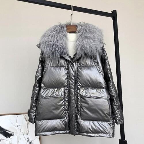 Hooded Fur Real Womens Wool Down Jackets 90% White Duck Down Female Winter Coat Glossy Parkas Woman Mujer Chaqueta Zjt968