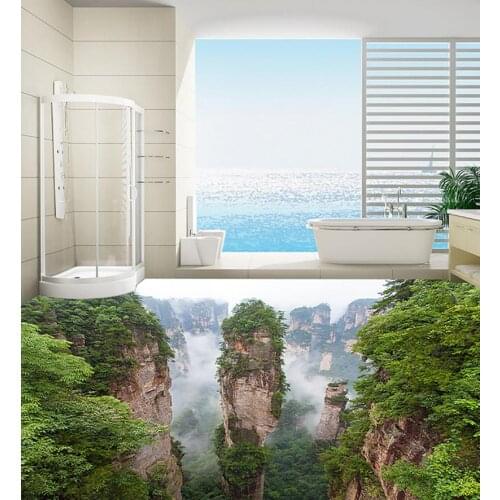 3D stereoscopic floor mountain scenery Custom Photo self-adhesive 3D floor PVC waterproof floor Home Decoration