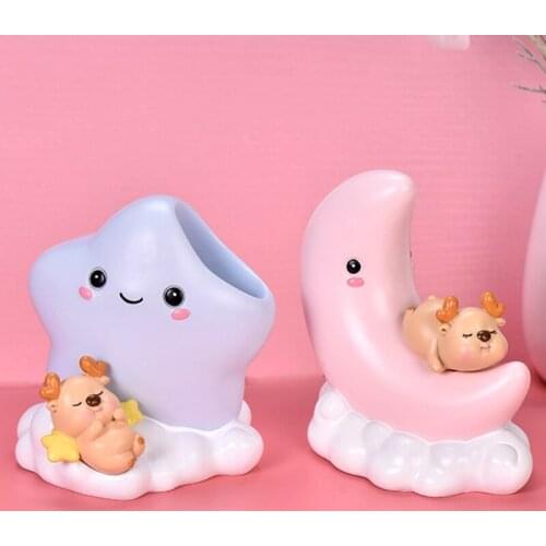6pcs Deer Star Moon Ornaments LED Night Light Pen Holder Resin Table Lamp Decor QX2E