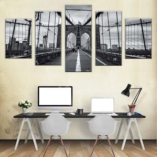 Abstract Wall Art Pictures 5 Panel Black White Brooklyn Bridge Home Decoration Posters Frame Living Room HD Printed Painting