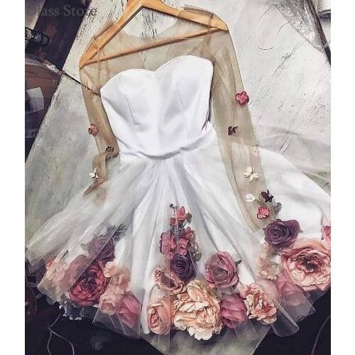 White 2020 New Cocktail Dresses Flowers Long Sleeves V-neck Mini Skirt Elegant Homecoming Party Evening Gown свадебное платье
