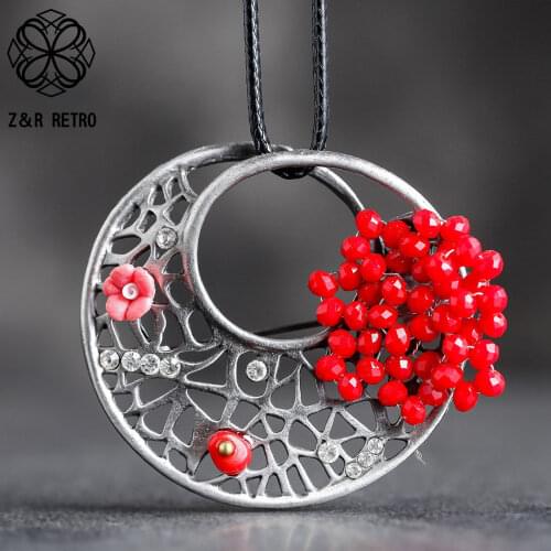 Red Crystal Beads Flower Pendant Necklace Jewelry for Women Vintage Plant Suspension Rope Chains Choker Wholesale Accessories