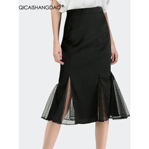 Black Spliced Mesh Mermaid Skirt 2021 Spring Summer New Temperament High Waist Long Women Lace Skirts Elegant Fashion Plus Size