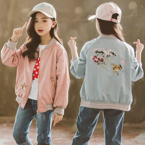 Spring Autumn Girl Coat Long Sleeve Jacket Embroidered Floral Zipper Baby Girls Jackets Toddler Jacket