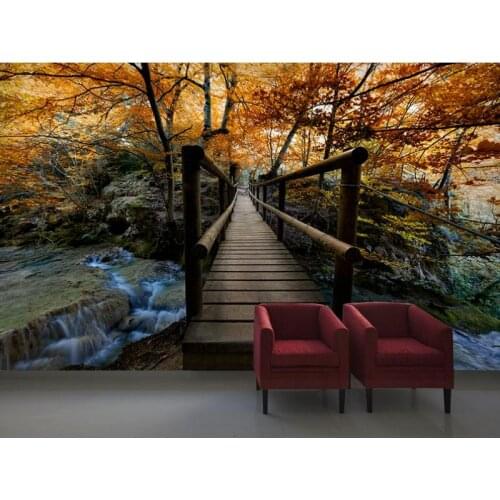 Wholesales Hot Custom Art Photo Wallpaper Autumn Forest Bridge Wall Decoration Poster Art Removable Wall Mural Wall Stickers
