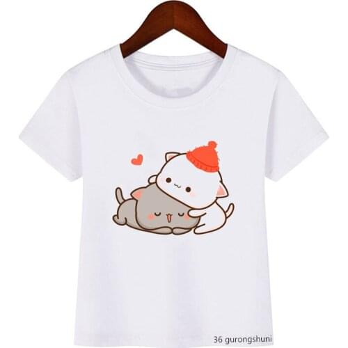 Lovely Peach Cat and Rabbit Friend Print Kawaii Girls T-shirt Kids T Shirts Summer Tops Casual Boys T Shirt Children Clothing