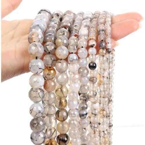 Faceted Grey Fire Dragon Veins Agates Natural Stone Beads Round Loose Spacer Bead For Jewelry Making DIY Bracelet 4/6/8/10/12MM