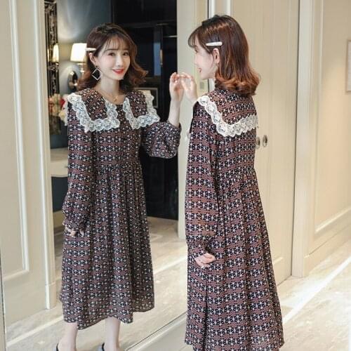 5503# Maternity Dress Spring Autumn Turn Down Collar Cotton Long Sleeves Loose Floral Dress for Pregnant Women Mom Dress