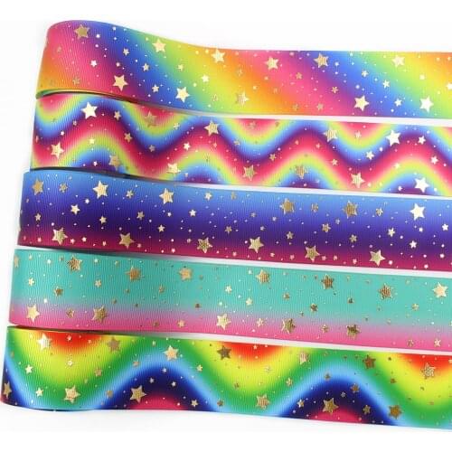 I-19917-2179,1-1/2‘’ 5yards Rainbow Gradient Hot Gold Star Printed Grosgrain Ribbons,Bow cap accessories and decorations