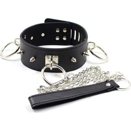 PU Leather Neck Choker Collar with Metal Rings Spikes Chain Leash Punk Lockable Heavy Metal Neck Brace Puppy Role Play Harness