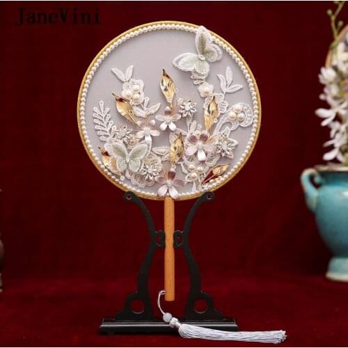 JaneVini Elegant Chinese Bridal Bouquets Fan Lace Appliques Pearls Handmade Flowers Brides Holding Round Fan Wedding Accessories