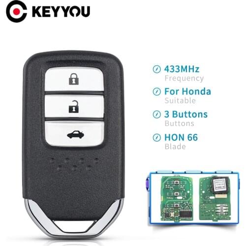 KEYYOU FCC ID: KR5V2X Smart Remote Car Key Fob 3 Buttons 433Mhz ID47 Chip For Honda City Jazz Civic Grace 2015 2016 2017 Year