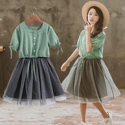 Girls' clothing set 2021 summer youth solid color shirt + Sling Mesh Dress 2PCS set of childrens older childrens dress4-16Yrs