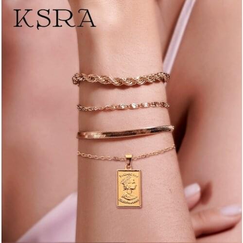 KSRA 4 pcs Vintage Snake Chain Bracelet For Women Twist Chain Portrait Pendant Bracelets Female Statement Jewelry 2020 New