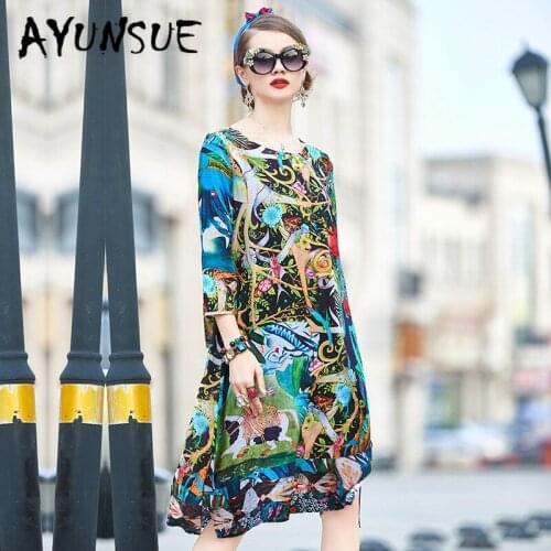 Summer Dress Women Real Silk Dress Korean Print Midi Beach Dress Elegant Vintage Party Dress Woman Vestidos Mujer 38925 YY2769