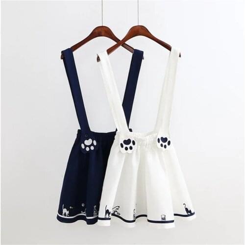 Kawaii Skirts Womens 2021 Japanese Cute Cat Paw Strap Mini Skirt Summer Preppy Harajuku Teenager Student Girl Supender Skirt