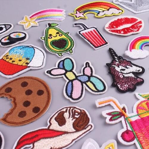 Lovely Dog Unicorn Animals Patches Rainbow Fruits Stickers Embroidered Iron on Patches For Clothing Cartoon Stripes For Clothes