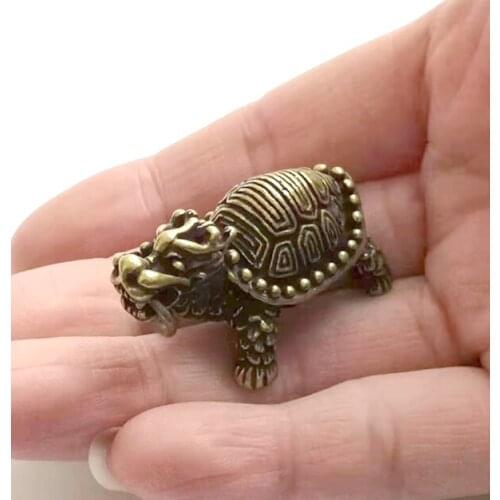 Mini)Delicate Old-style Brass Carved Ancient Chinese Mythical Beast Dragon Turtle Statue Auspicious Pendant