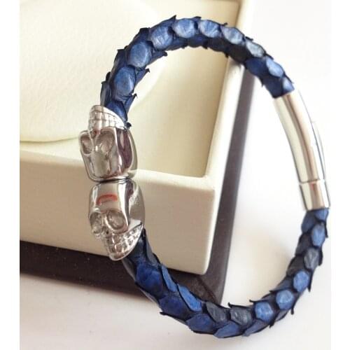 Fashion Genuine Blue Python Leather Skull Bracelet Northskull Twin Skull Bracelets Bangles for Man Women Jewelry Gift