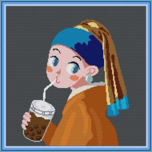 Girl with A Pearl Earring Q-version Counted Cross Stitch Kit Pattern 11CT 14CT Print Stamped Embroidery Needlework Art Decor Set