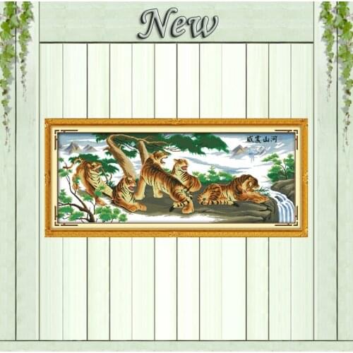 Tigers with the mountain and river painting counted printed on canvas DMC 14CT 11CT Cross Stitch Needlework Sets Embroidery kits