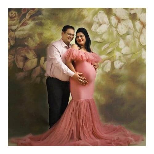 Charming Mermaid Pregnancy Photo Shoot Dresses Cap Sleeves Slash Neck Long Train Tulle Ruffles Pleated Plus Size Maternity D