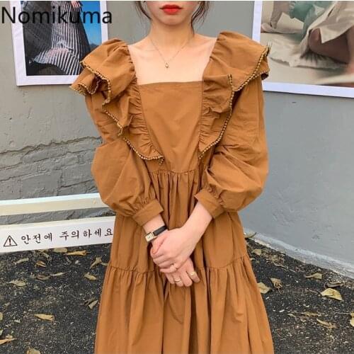 Nomikuma Korean Sweet Double Ruffle Dresses Vintage Square Collar Puff Long Sleeve Vestidos 2021 Spring New Women Dress 6E196