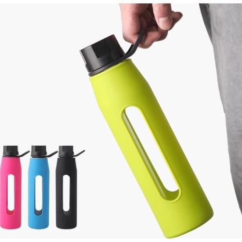 Portable Sport and Fitness Borosilicate Glass Water Bottle with Twist Cap Soft Silicone Sleeve Carry Handle for Bicycle GYM Yoga