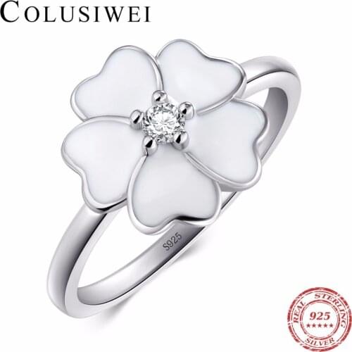Sale White Enamel Jewelry Fashion Zirconia Primrose Stackable Feminine Flower Rings 100% Real 925 sterling silver Finger Ring