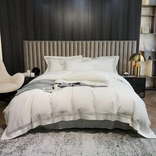 Luxury White Jacquard Bedding Set Delicate Hollow Edge Duvet Cover with Pillowcases 4pcs 100S Egyptian Cotton Bed Sheets Queen