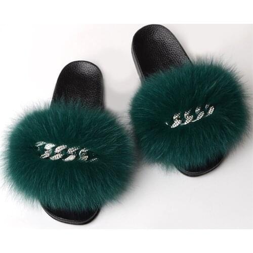 Women Real Fox Fur Slides Home Furry Flat Sandals Female Cute Fluffy House Shoes Woman Brand Luxury 2021 Chain Fur Slippers