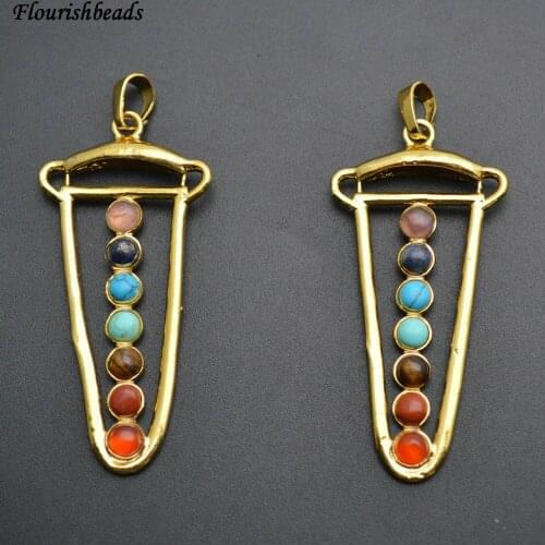 Mix Small Stone Cabochons Chakra Sword Shape Metal Pendant Fashion Energy Jewelry 10pc per lot