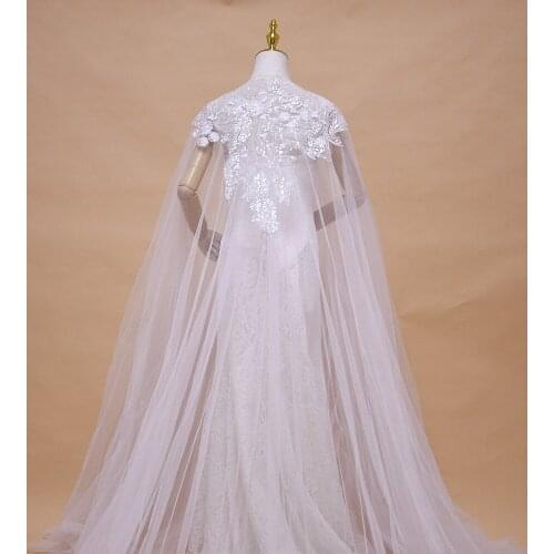 100% Handmade Elegant White Women Veil Cape Tulle Lace Embroidery Applique 3M Wedding Capes Bridal Wraps Long Train Shawls Cloak