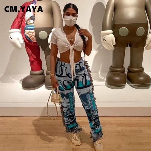CM.YAYA Women Pants Print Elastic Mid Waist Side Tassel Stretchy Straight Long Pants Fashion High Streetwear Summer Trousers