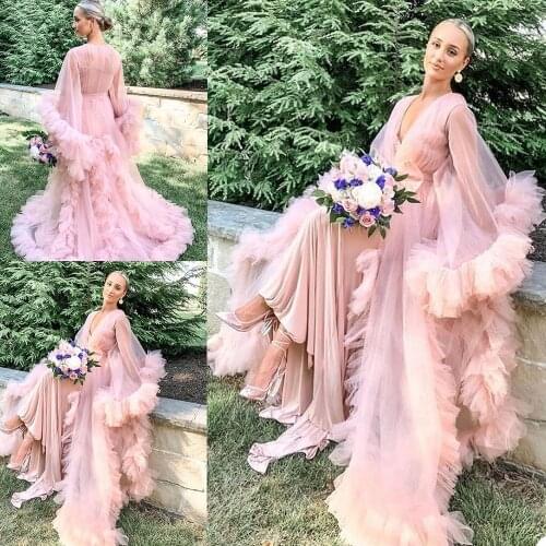 2020 Pink Womens Robe Kimono Pregnant Party Night Sleepwear Long Sleeves Women Bathrobe Sheer Nightgown Prom Bridesmaid Shawel