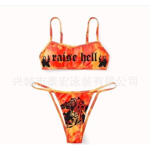 Womens Funny Printed 2Pcs Bikini Suit Deep V-neck Detachable Breast Pad Sling Tops with Triangle Bottoms