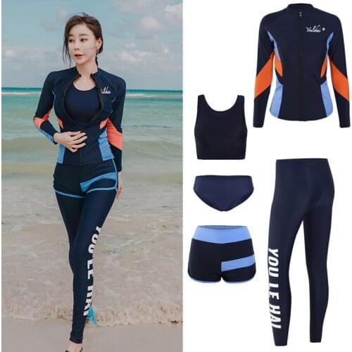 Womens 5pcs Rash Guard Swimsuit Zip Front Long Sleeve Swim Surf Yoga Run Jogging Dive Full Body Suits Fitness Activewear Sport