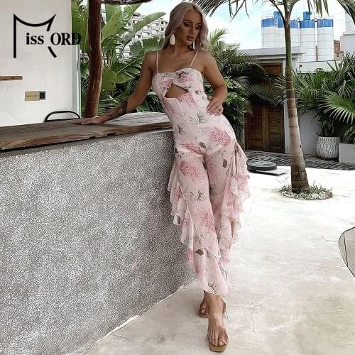 Missord 2021 Sexy Sleeveless Floral Print Ruffles Women Overalls Holiday Backless Chiffon Rompers Women Jumpsuit M0366