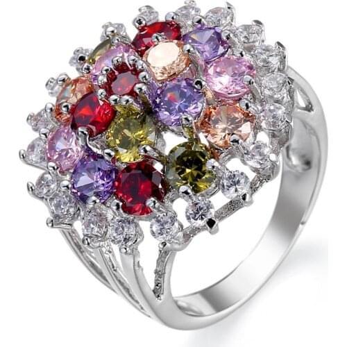 Women Jewelry Luxury Shiny Colorful Micro Pave Crystal Stone Silver Ring Hollow Out Charming Wedding Cocktail Trendy Finger Ring