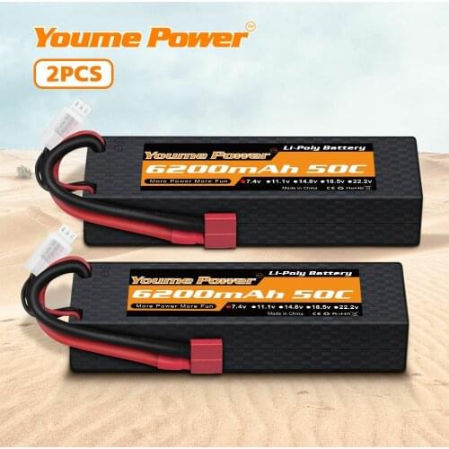2PCS Youme Lipo Battery 7.4V 6200mah 2S 50C Hard Case TRX XT60 EC3 Deans For Traxxas 1/10 1/8 Buggy Car Boat Heli Drone RC Parts