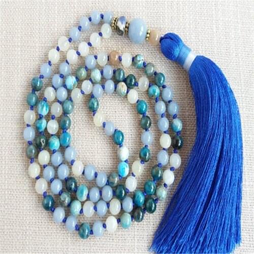 8mm Angelite Apatite 108 Beads Handmade Tassel Necklace Classic Wristband Yoga Meditation Buddhism Tibetan Retro Mala Chakra