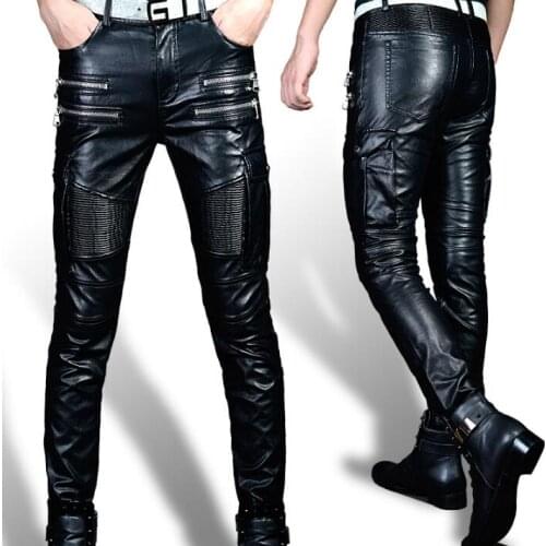 Personality slim men faux leather pants motorcycle pu pant men feet trousers fashion pantalon homme casual high quality black