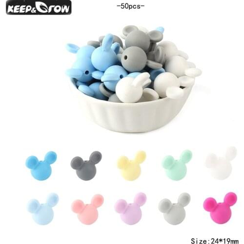 KEEP&GROW 50Pcs Silicone Beads Mouse Baby Teether Food Grade Silicone Teething Pendant DIY Pacifier Clips Accessories BPA Free