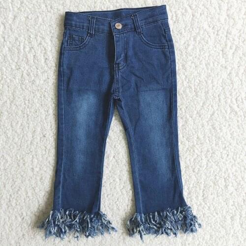 High Quality Children Spring Autumn Solod Color Long Pants Girls Fashion Tassle Jeans With Button Bleached Denim Pants