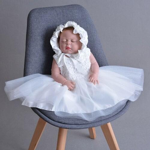 Baby Girl Sleeveless Lace Baptism Dress Infant Ivory Big Bow Ruffles Puffy Christening Gown+Hat Newborn First Birthday Outfits
