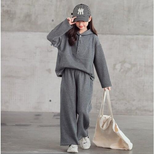 Girls Clothing Sets 2021 Fall New Teenage Kids Grey Hooded Top And Loose Pants 2Piece Sets Children Spring Suits 4 6 8 10 12 14T