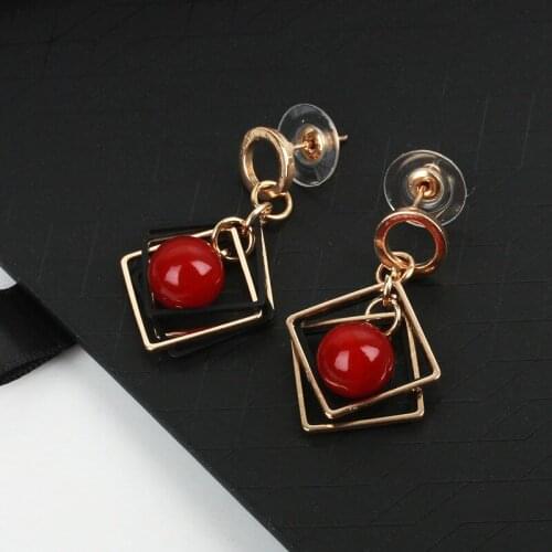 Red White Ball Double Hollow Square Ear Stud & Clip Golden Silver Plated Dangle Earrings Women Drop Earrings