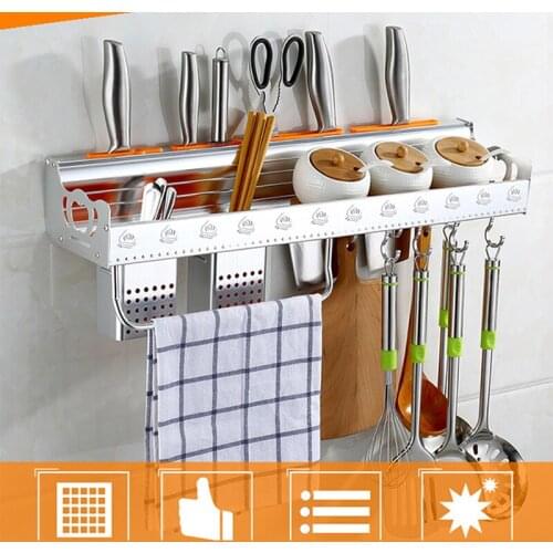 Kitchen Multi-function Single-layer Knife Holder Spice Jar Storage Rack Aluminum Wall Hanging Rack Kitchen Organization