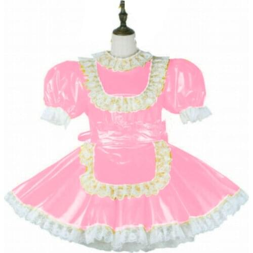 Glitter Sweet Ladies Maid Cosplay Dress PVC Cute White Lace Mini Dress Puff Short Sleeve Lolita Style Anime Dress With Apron